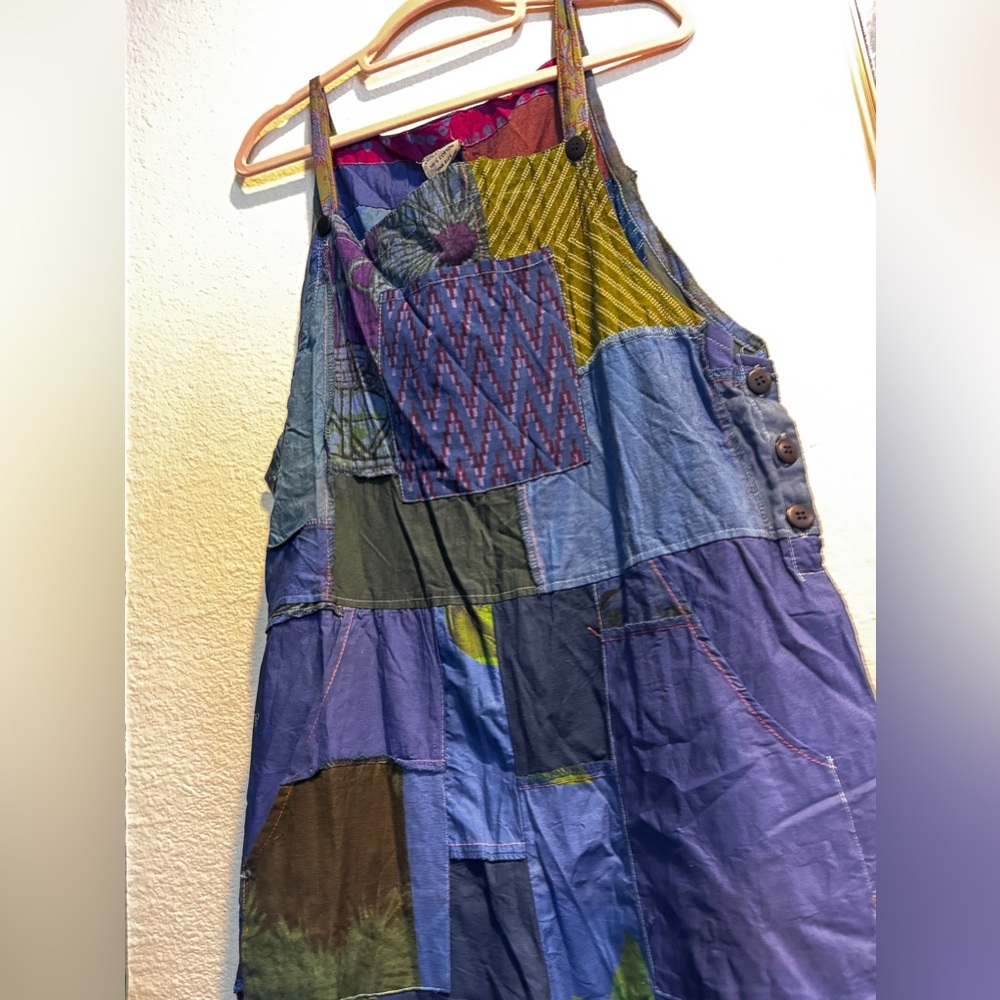 Ashley Taylor Patchwork Overalls Jumpsuit Boho Hippie One Size 100% Cotton NWT - Picture 8 of 9